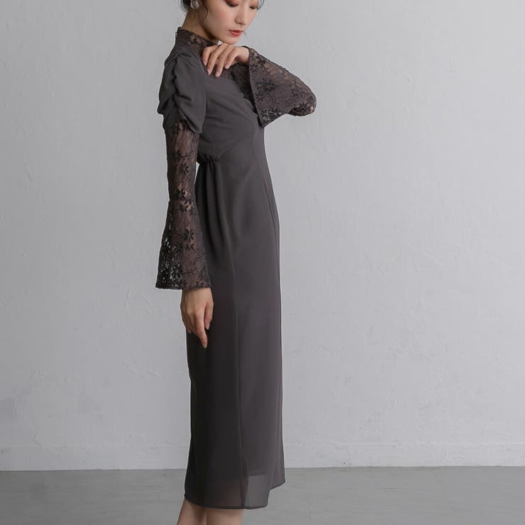 フレアレーススリーブドレス ワンピース 結婚式[品番：GRVW0001115