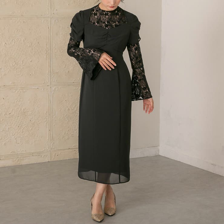 フレアレーススリーブドレス ワンピース 結婚式[品番：GRVW0001115