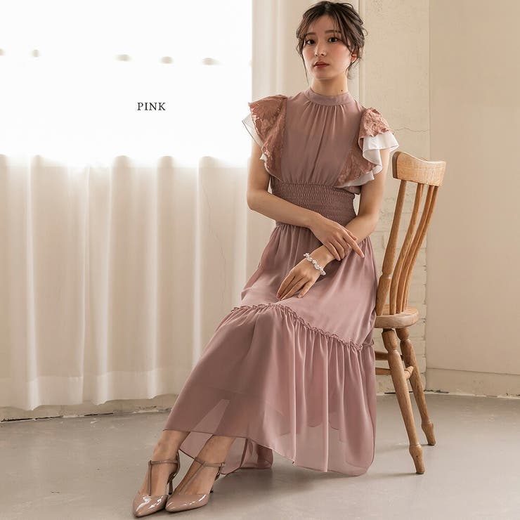 ピンク | 刺繍レースフリルスリーブドレス 刺繍 レース | epicday