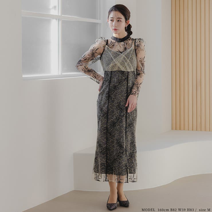 バックリボン刺繍レースドレス バックリボン 花柄[品番
