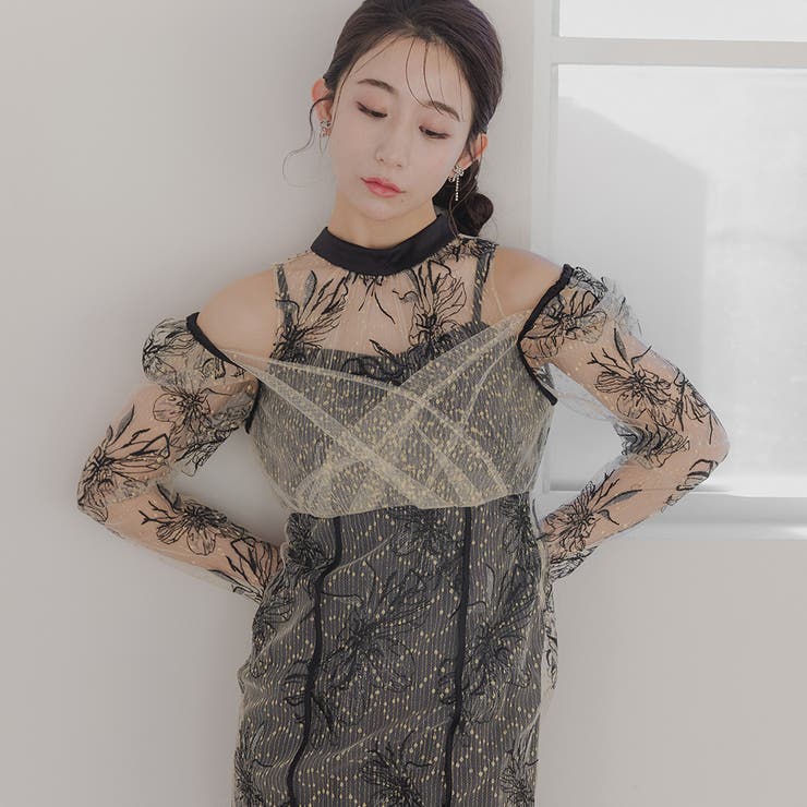バックリボン刺繍レースドレス バックリボン 花柄[品番
