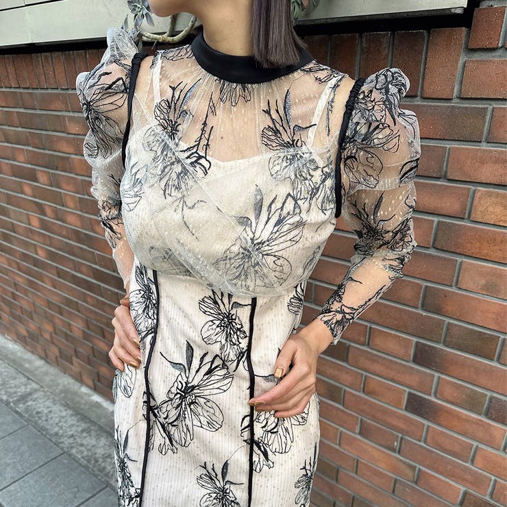 バックリボン刺繍レースドレス バックリボン 花柄[品番