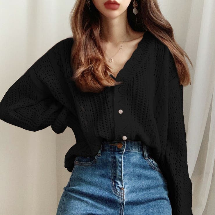 透け感のある黒カーディガン CLEL】Openwork Loose Mesh Crew Neck Cardigan/透かし編み
