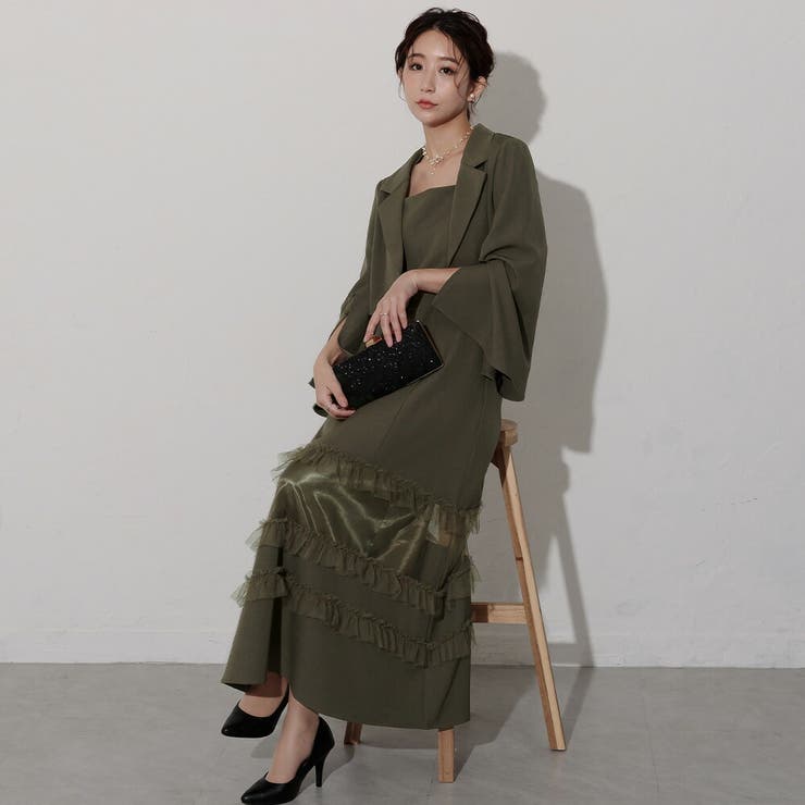 パーティードレス 結婚式 演奏会 ロングドレス 七分袖 ロング丈 切替