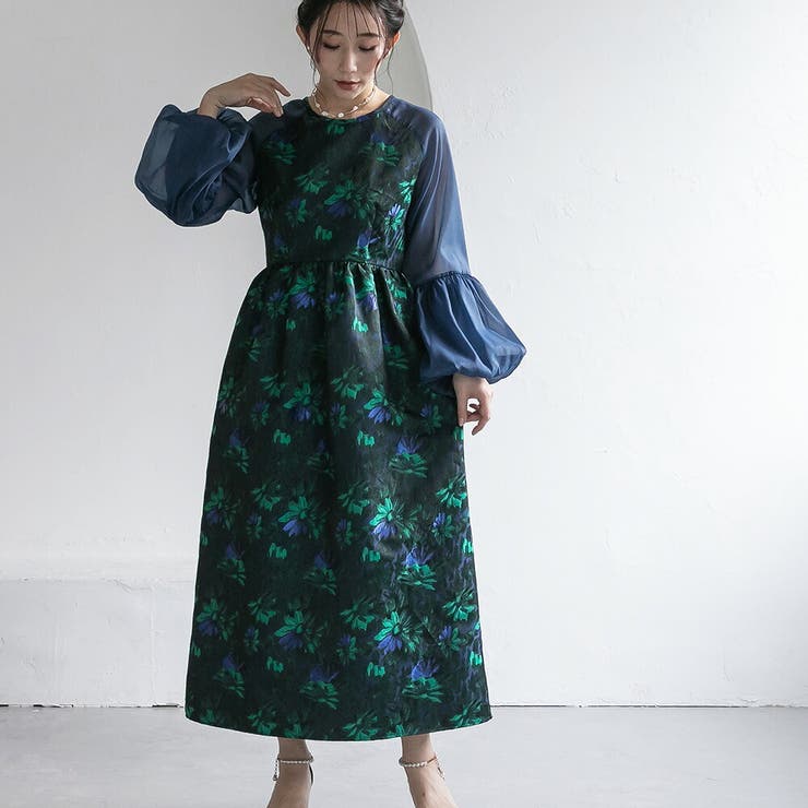 グリーン | パーティードレス ロングドレス 花柄ジャカード | epicday