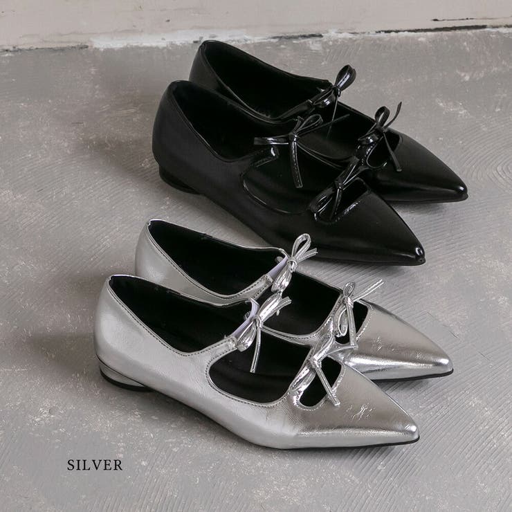 シルバー | ダブルリボン ポインテッドトゥ フラット | epicday