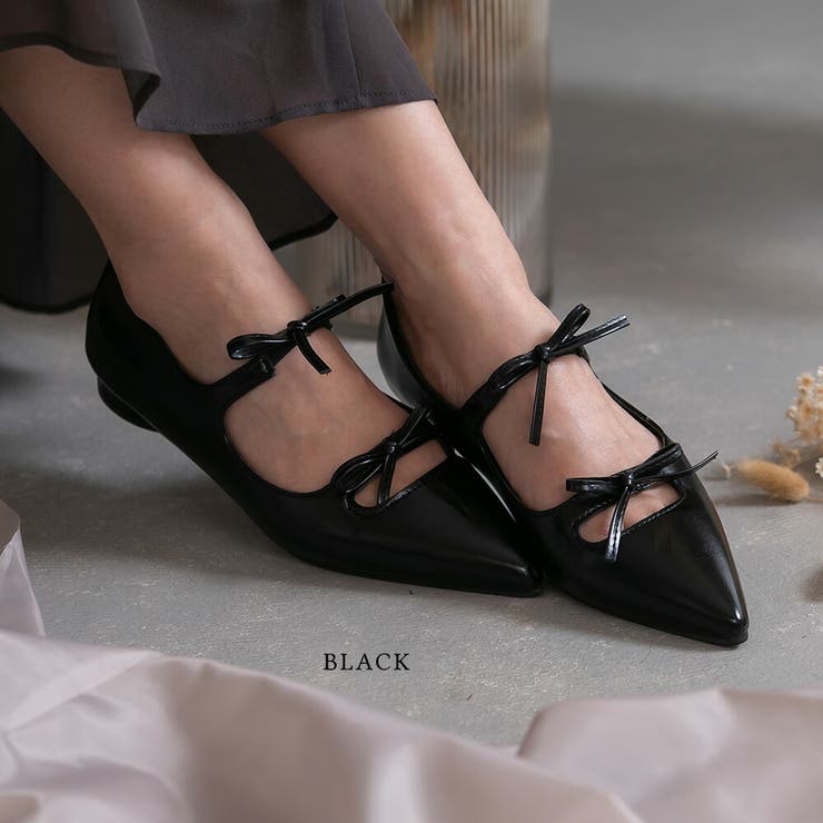 ブラック | ダブルリボン ポインテッドトゥ フラット | epicday