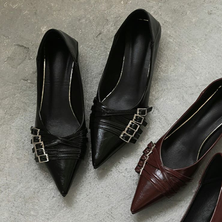 ブラック | ベルトデザインポインテッドトゥパンプス ローヒール パーティーシューズ | epicday