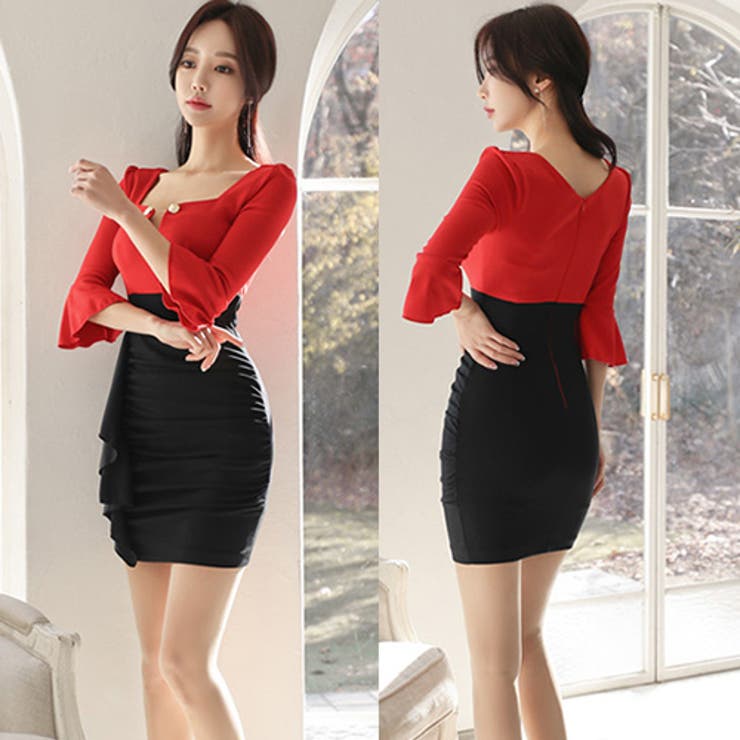 ボタンチェーンがデコルテを輝かせるドレス(SEXYDRESS) レッド | GRAXIA | 詳細画像4 