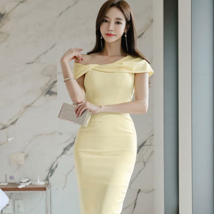 イエロー ワンショルダードレス FD イエローとブラックグラデーション