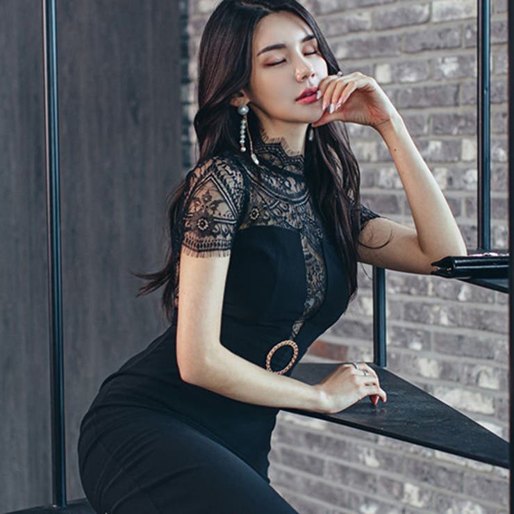 透かし彫りレースのレイヤード風ドレス(CABARETDRESS)[品番