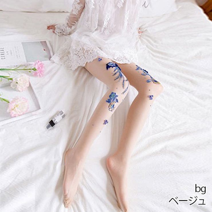青色の刺繍が目を惹く上品感溢れる煌びやかな花柄デザインストッキング(STOCKI… | GRAXIA | 詳細画像4 