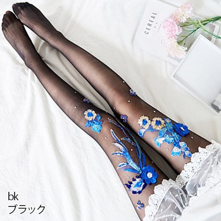 青色の刺繍が目を惹く上品感溢れる煌びやかな花柄デザインストッキング(STOCKI… | GRAXIA | 詳細画像8 