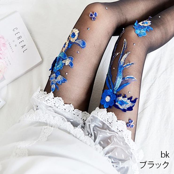 青色の刺繍が目を惹く上品感溢れる煌びやかな花柄デザインストッキング(STOCKI… | GRAXIA | 詳細画像10 