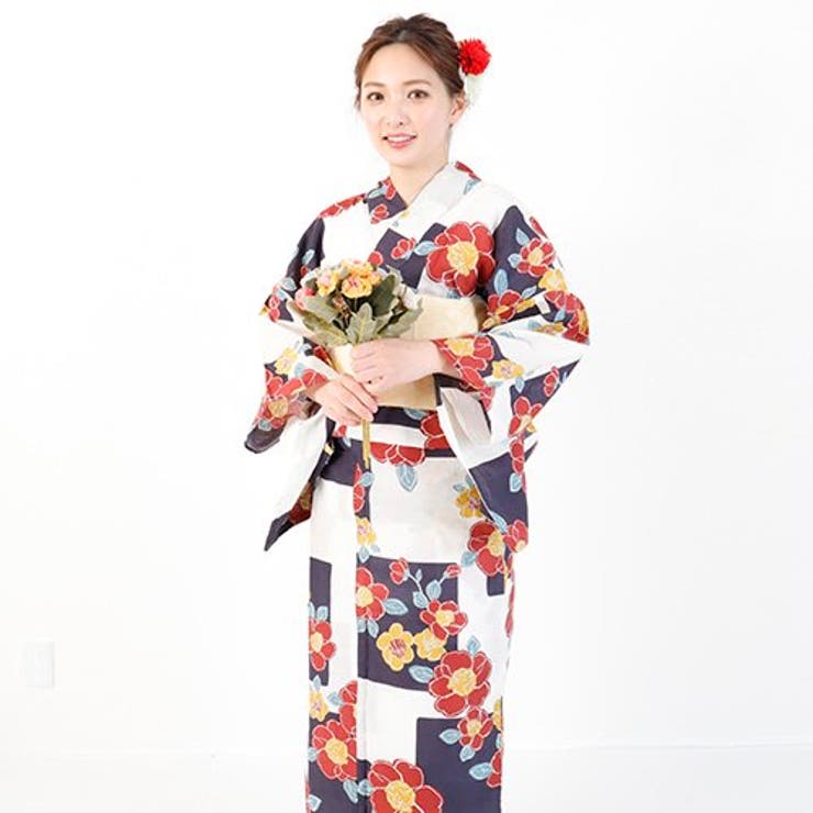 大ぶりな椿の花柄がレトロで大人かわいい浴衣3点セット(YUKATA)[品番
