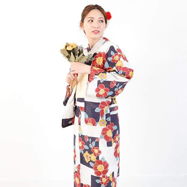 大ぶりな椿の花柄がレトロで大人かわいい浴衣3点セット(YUKATA)[品番