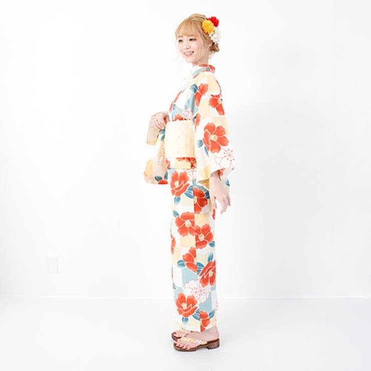 椿と桜の古典柄で明るめのカラーでかわいらしく仕上げた浴衣3点セット