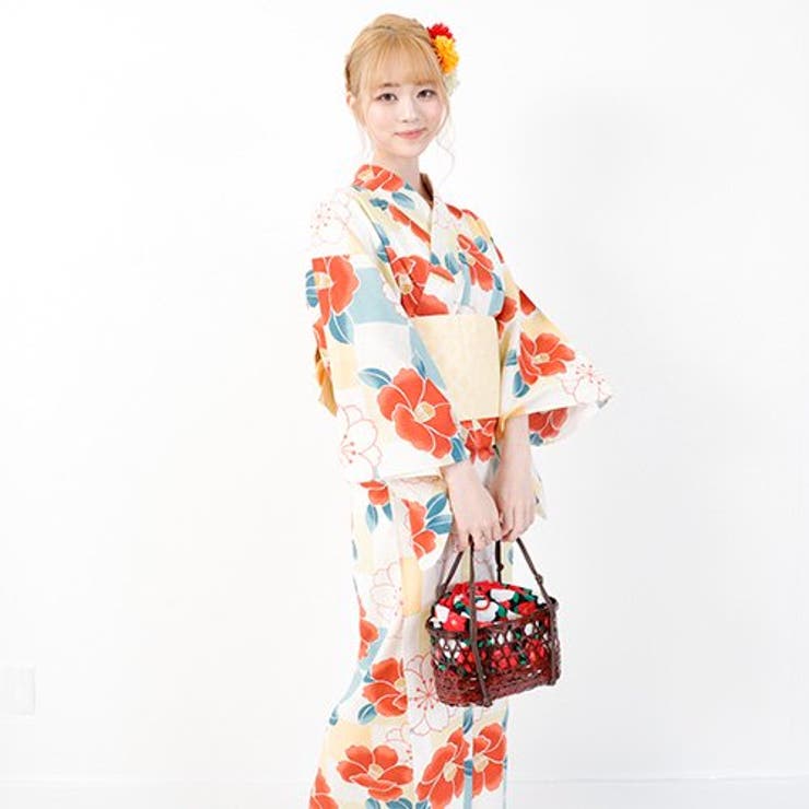 椿と桜の古典柄で明るめのカラーでかわいらしく仕上げた浴衣3点セット