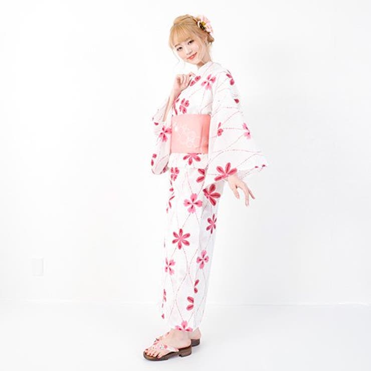 ピンクの花柄が大人かわいいシンプルな浴衣3点セット(YUKATA)
