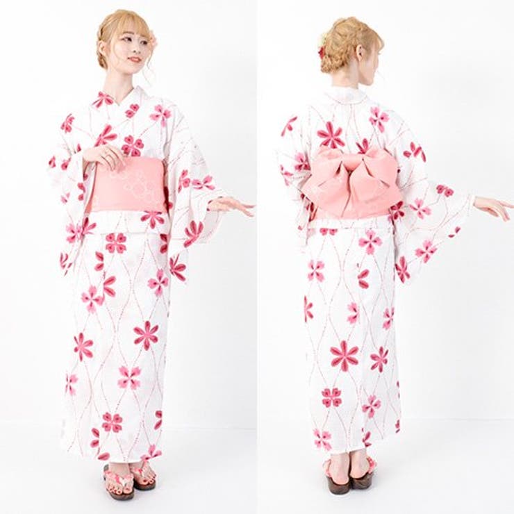 ピンクの花柄が大人かわいいシンプルな浴衣3点セット(YUKATA)[品番