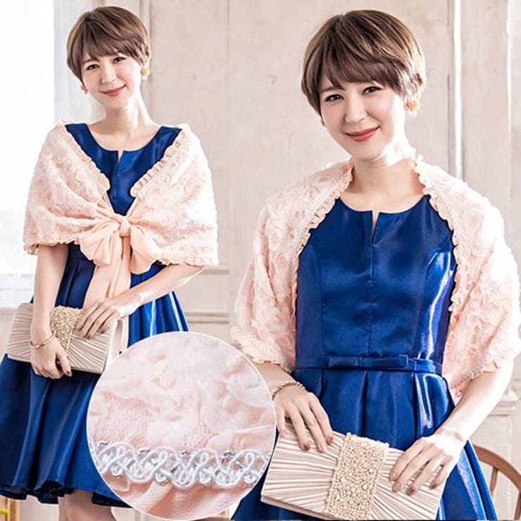 お花のデザインが可愛い ブラックのフリルショール フラワーモチーフとフリルがゴージャスな印象のショール(SHAWL