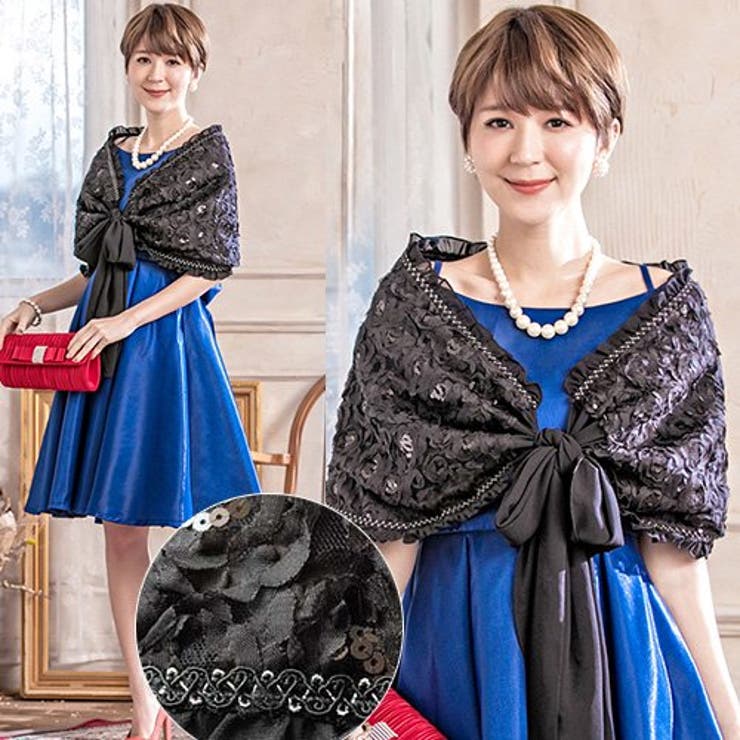 お花のデザインが可愛い ブラックのフリルショール フラワーモチーフとフリルがゴージャスな印象のショール(SHAWL