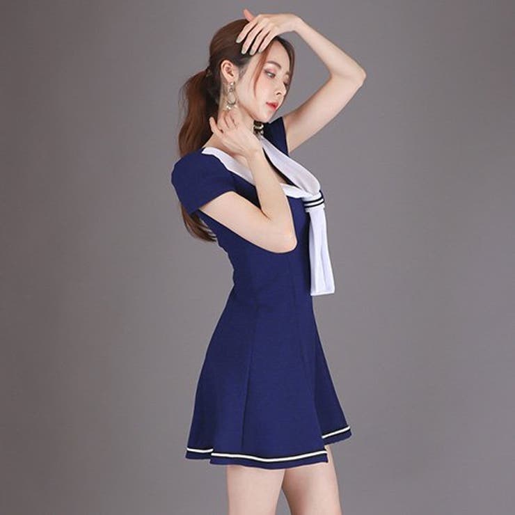 海風を感じるマリンルックフレアミニ丈ワンピース[品番：GXAW0001184