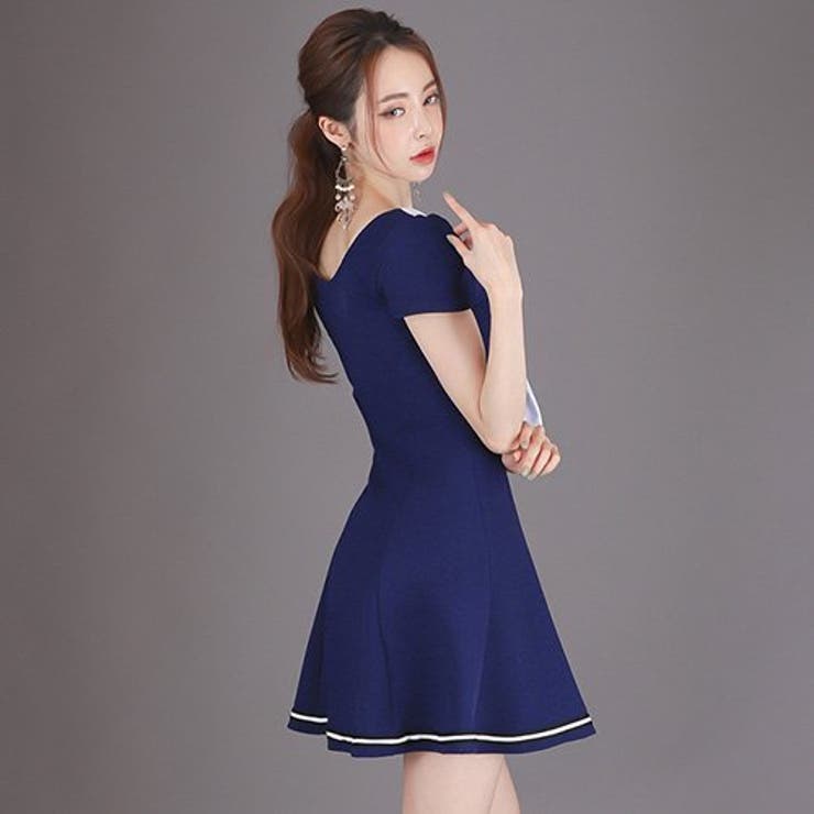 海風を感じるマリンルックフレアミニ丈ワンピース[品番：GXAW0001184