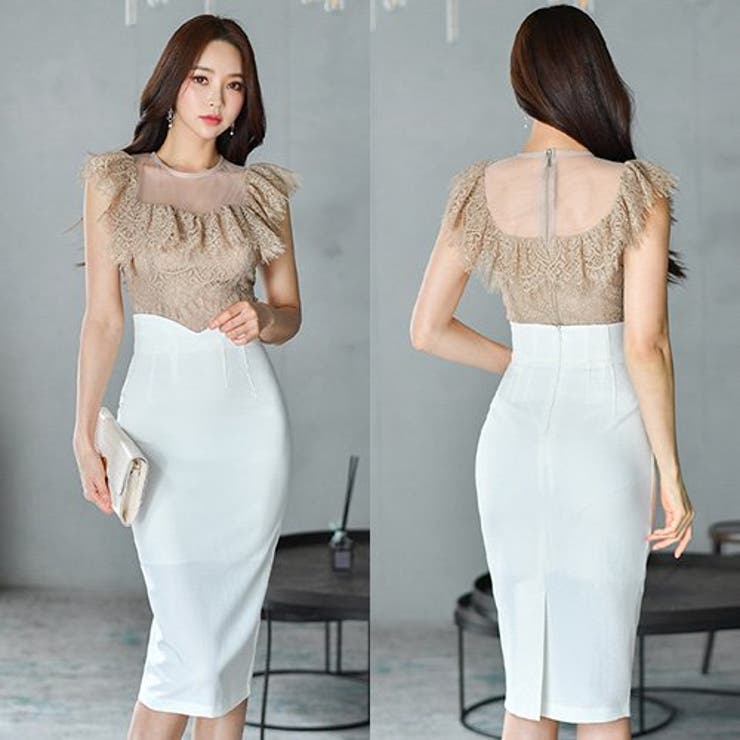 総レースのトップスと白のスカートが落ち着いた印象のバイカラーセットアップドレス(… | GRAXIA | 詳細画像6 