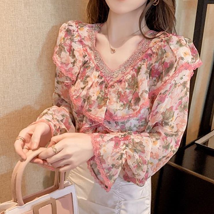 大人っぽいフラワープリントで軽やかな印象のシフォンフリルトップス(TOPS) | GRAXIA | 詳細画像4 