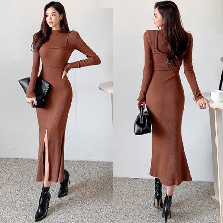 タイトシルエットが大人っぽいロングニットワンピース[品番