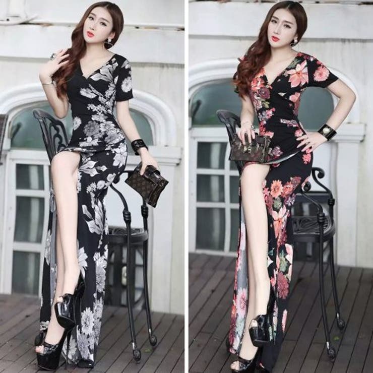 大人エレガントなフローラルプリントのロング丈カシュクールワンピース(キャバドレス… | GRAXIA | 詳細画像2 