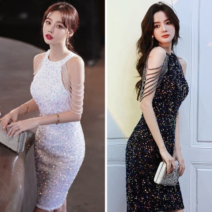 ネックデザインとタイトシルエットが魅力的なパーティードレス[品番