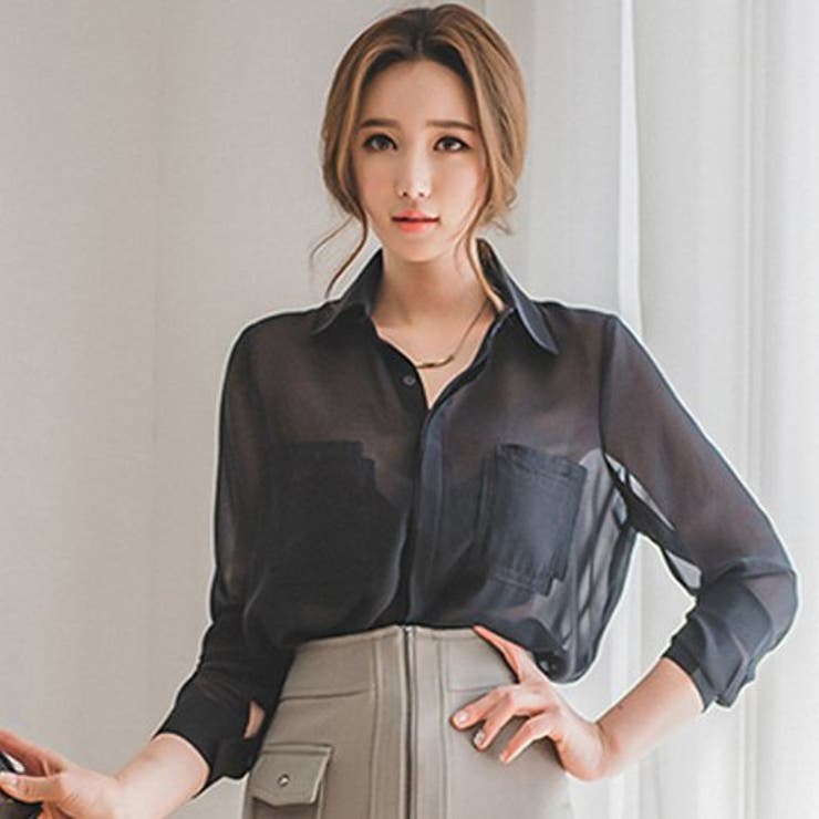 両胸ポケット付きシアーシャツトップス(TOPS)[品番：GXAW0002734