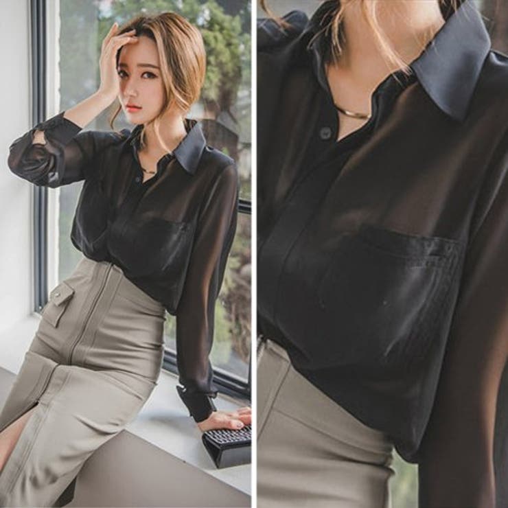 両胸ポケット付きシアーシャツトップス(TOPS)[品番：GXAW0002734
