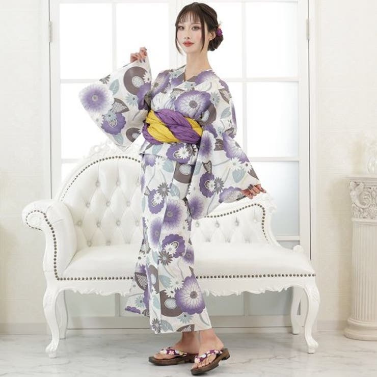 可憐な紫苑色の唐草文浴衣3点セット(YUKATA)[品番：GXAW0003230