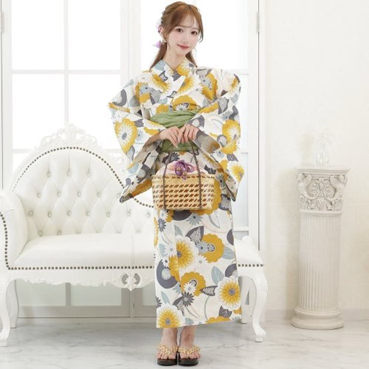 鮮やかな金糸雀菊唐草文の浴衣3点セット(YUKATA)[品番