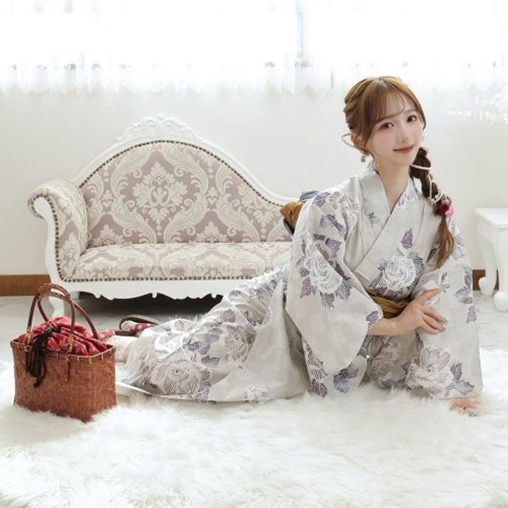 市松模様に芍薬が高貴な美しさ感じる浴衣3点セット(YUKATA)[品番