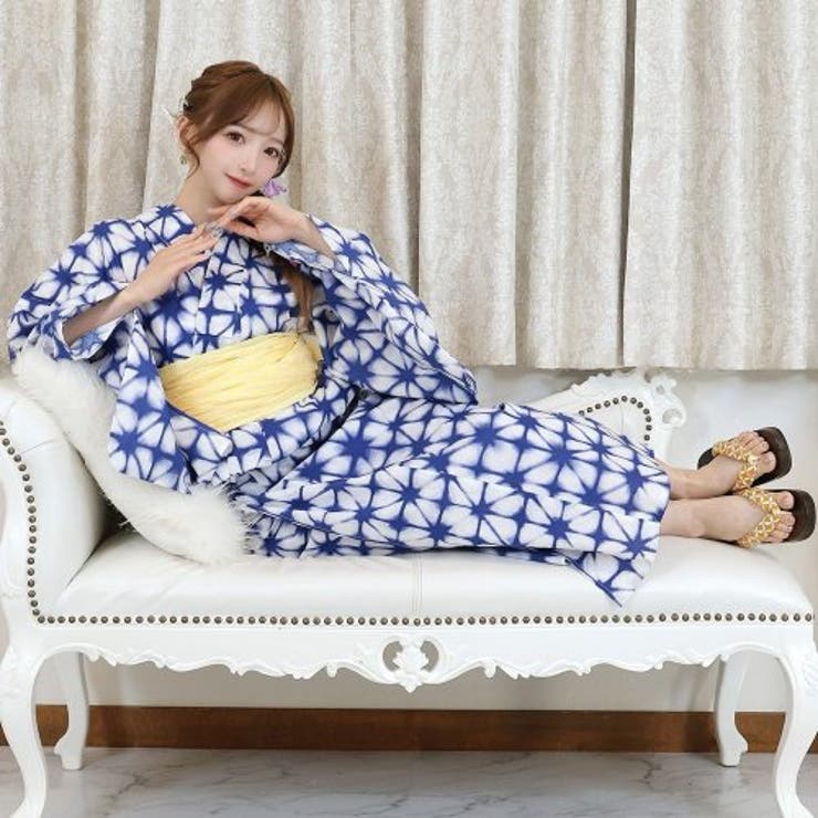 上品な青色が古典柄が粋な絞り風浴衣3点セット(YUKATA)[品番 上品な青色が古典柄が粋な絞り風浴衣3点セット(YUKATA)[品番