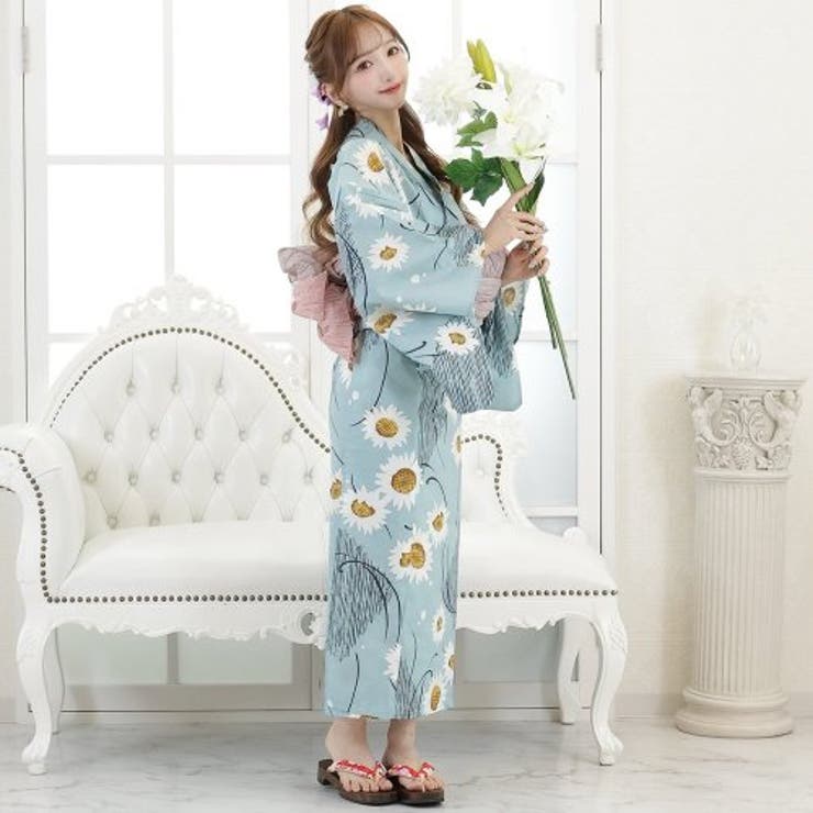 ダイヤ柄に白い花がポップに咲いた浴衣3点セット(YUKATA)[品番