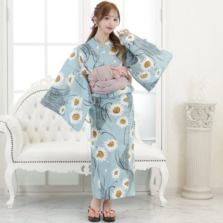 omg3 花柄浴衣 ダイヤ柄に白い花がポップに咲いた浴衣3点セット(YUKATA)[品番