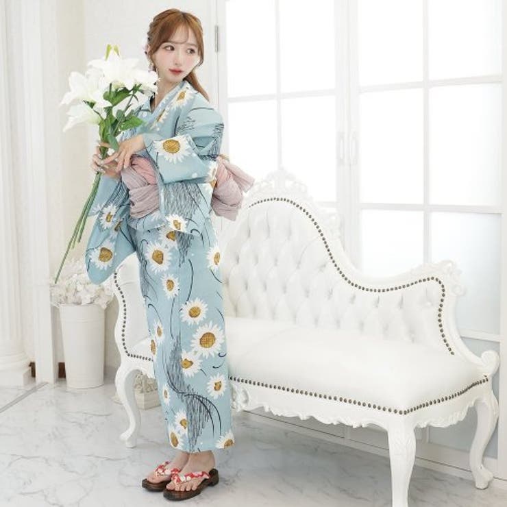 ダイヤ柄に白い花がポップに咲いた浴衣3点セット(YUKATA)[品番