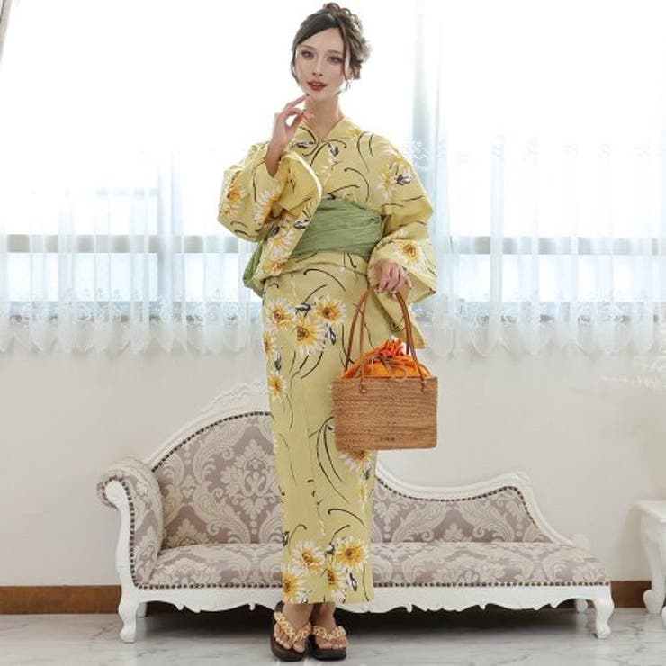 黄色の花が軽やかに舞う浴衣3点セット(YUKATA)[品番：GXAW0003196
