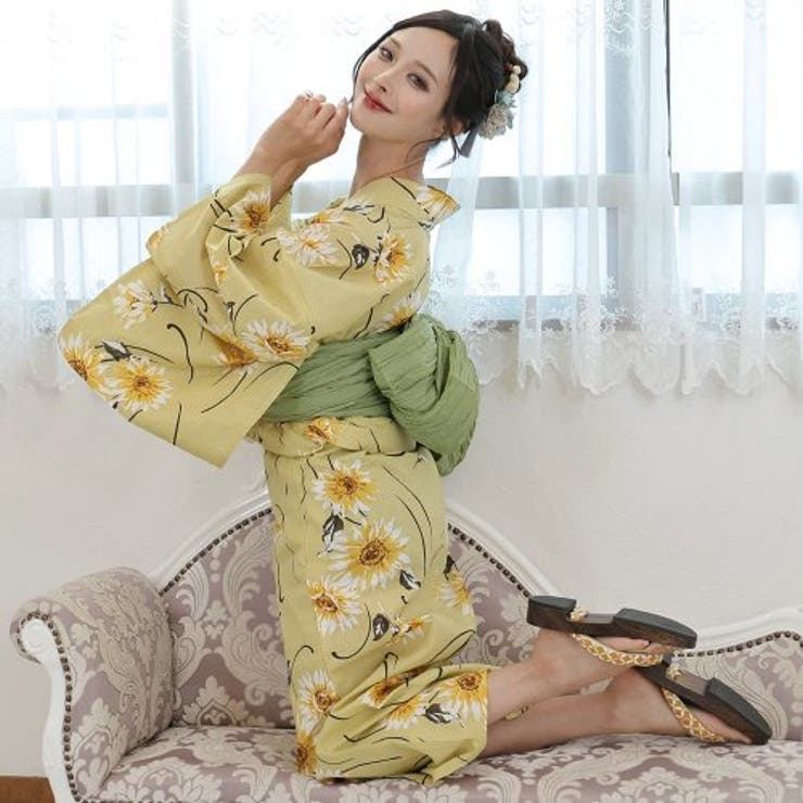 黄色の花が軽やかに舞う浴衣3点セット(YUKATA)[品番：GXAW0003196