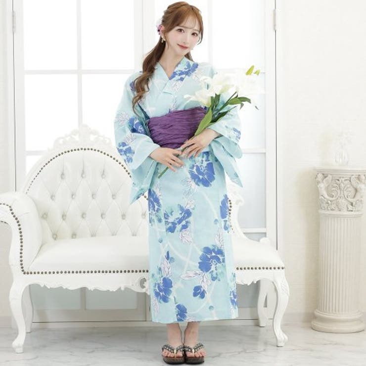 水面に浮かぶ芍薬の花がしなやかで優しい浴衣3点セット(YUKATA