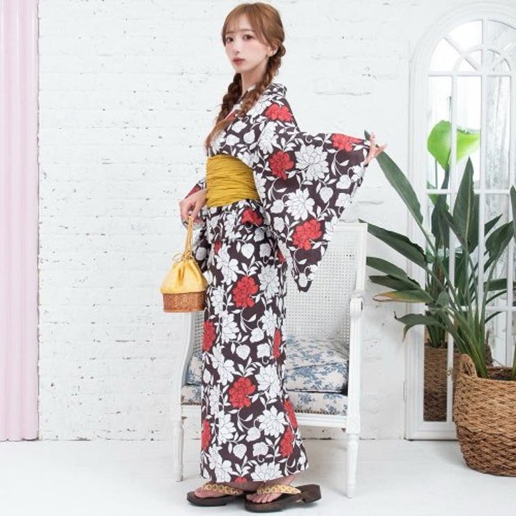 こげ茶生地に赤い芍薬が幻想的に咲いた浴衣3点セット(YUKATA) | GRAXIA | 詳細画像3 