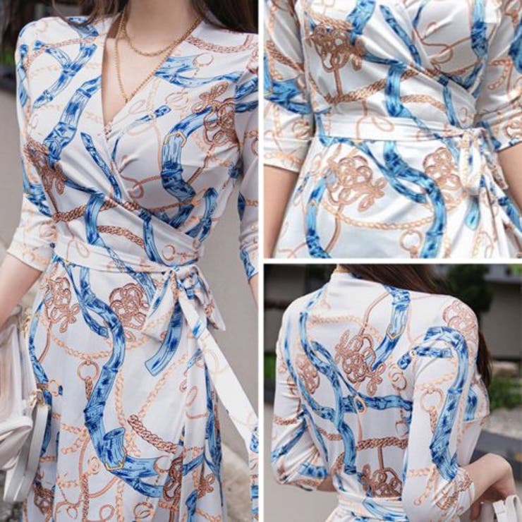 チェーン柄ラップフレアワンピース(キャバドレス・CABARETDRESS