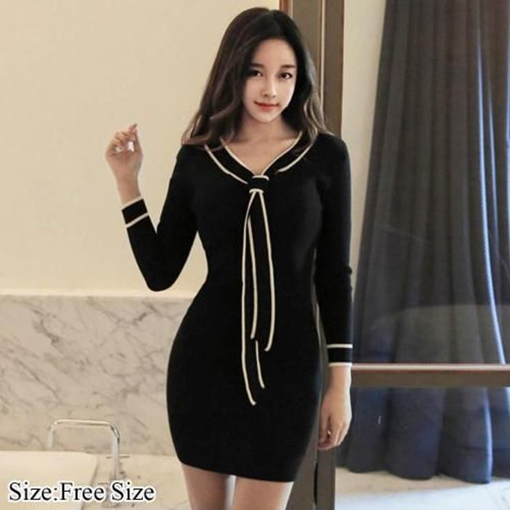 ラウンドネック配色ボウタイミニ丈ニットワンピース(キャバドレス CABARETD… | GRAXIA | 詳細画像1 