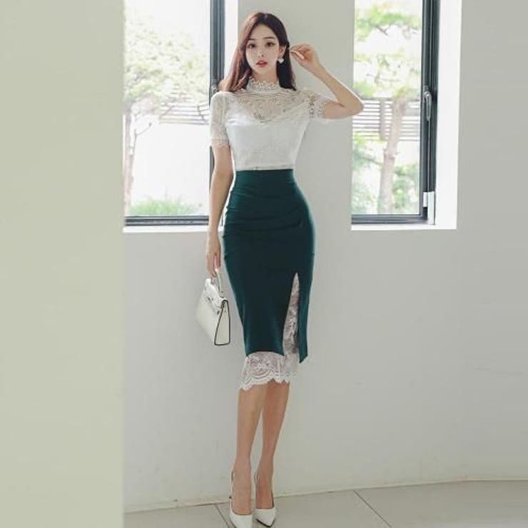 ハイネックレース半袖トップス＆スリットペンシルスカートセットアップ(キャバドレス… | GRAXIA | 詳細画像8 