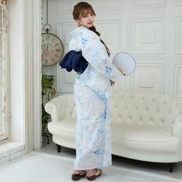 白地に淡いブルーの線描と水彩調の花々が舞う浴衣3点セット(YUKATA) | GRAXIA | 詳細画像5 